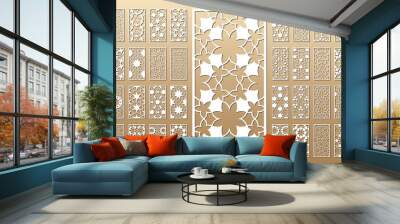 Laser cut vector panels (ratio 1:2). Cutout silhouette with geometric seamless pattern. The set is suitable for engraving, laser cutting wood, metal, stencil manufacturing. Wall mural