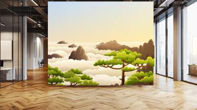 Landscape of china mountains with sea of clouds and green trees. Morning scene with sunrise. Vector illustration. Wall mural