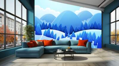 Mountains landscape with snowy rounded hills and stylized pine trees. Winter scenery with blue colors. Vector illustration background. Wall mural