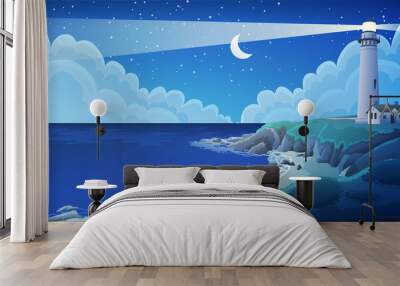 Peaceful seaside landscape with white lighthouse and house at night. Sky with stars and moon. Vector illustration. Wall mural