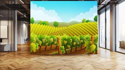 Rural landscape of vineyard. Vines with white grapes stretching over the hills with trees and mountains in background. Summer season. Vector illustration. Wall mural