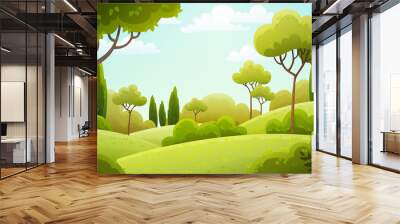 Vector illustration background of the Italian countryside. Hill landscape with pines and cypresses. Spring scenery with green grass and blue sky. Wall mural