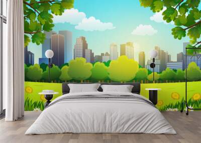 Vector illustration of central park with skyscrapers background in spring. Wall mural