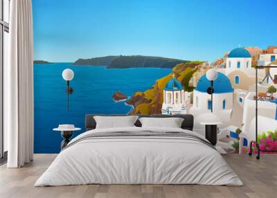 vector illustration of santorini island, greece. traditional houses and churches with blue domes. bl Wall mural