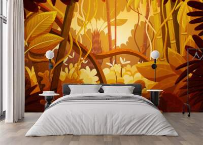 Vector illustration of tropical jungle background. Landscape with orange and red colors at sunset. Rainforest with dense vegetation of trees, bushes and lianes.  Wall mural