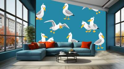 Vector set of cute seagulls isolated on blue background. Vector illustration. Wall mural