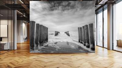 Black and white picture of wavebreakers disappearing in the sea under a clouded sky , at the coast of Westenschouwen, The Netherlands Wall mural