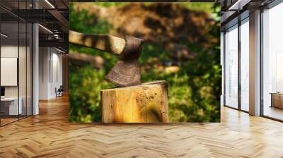 The ax is stuck in a wooden stump in the forest. Wall mural