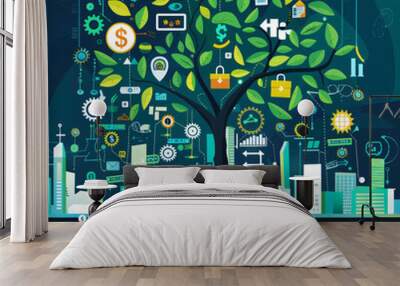 A stylized tree with green leaves and roots, representing growth and interconnectedness, with various icons depicting financial, technology, and business elements. Generative Ai Wall mural