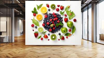 a collection of healthy food meat vegetables fruit white background, generative ai Wall mural