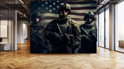 armed special forces with american flag background, ai generative Wall mural