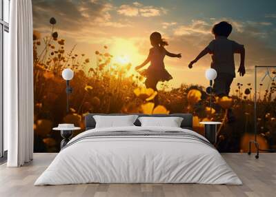 shadow of children playing in a field of flowers at sunset, ai generative Wall mural