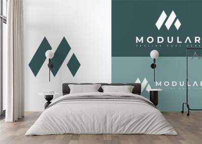 abstract initial mountain letter M or MM logo in green color isolated on multiple background colors. The logo is suitable for print-on-demand or business and consulting company logo design inspiration Wall mural