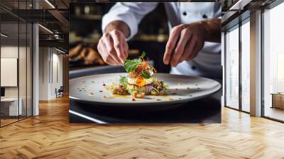 A chef arranging food on a plate close up shot Wall mural