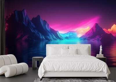 abstract background with colorful neon light reflections on the water surface and black rock mountain silhouettes Wall mural