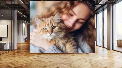 Portrait of people hugging cat pet concept Wall mural