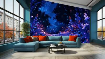 Synthwave blue nature anime style background Wall mural