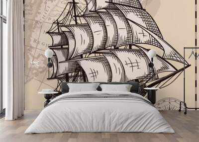 An old sailing ship on the sea waves against the background of an old map Wall mural