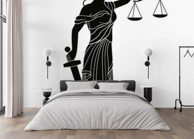 Ancient Greek goddess Themis holds a sword and scales in her hands. Vector vintage drawing. Black pattern isolated on white background. Wall mural