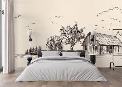 Countryside landscape with wooden barn. Fast pencil hand sketch on a beige background. Wall mural