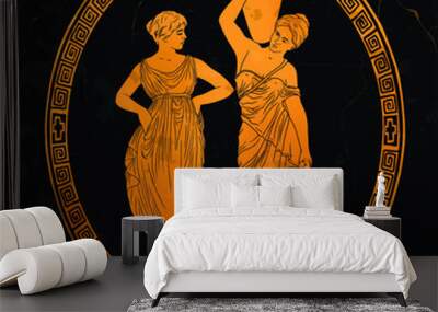 Two ancient Greek young beautiful women carry water in jugs and conduct a dialogue. Drawing on antique dishes. Wall mural