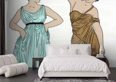 Two ancient Greek young beautiful women carry water in jugs and conduct a dialogue. Wall mural