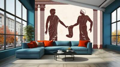 Two men are talking in ancient Greek court with papyrus in their hands. Figure on a beige background with the aging effect. Wall mural