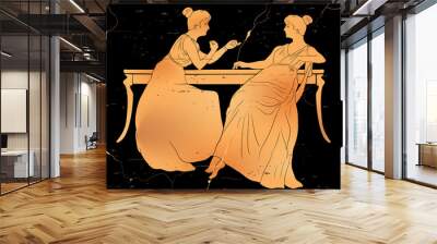 Vector image stylized as ancient Greek drawing. Two women are sitting at the table and having a conversation. Wall mural