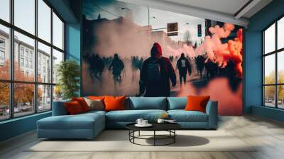 Riot on the street with smoke around, Generative Ai Wall mural