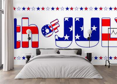 American graphic banner in usa flag with red white and blue and stars and stripes.  Text - 4TH OF JULY Wall mural