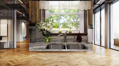 Kitchen view of window and backyard view.  Sheer Valance overhead of double stainless steel sink and granite countertop.  Window seal has two green tomatoes waiting to ripe on it. Wall mural