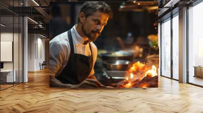 Portrait of a male chef preparing food in a restaurant Wall mural