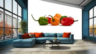 Chiles habaneros rojos, verdes y amarillos en fondo blanco. Wall mural