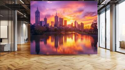 city skyline silhouette at sunset with water mirror reflection Wall mural