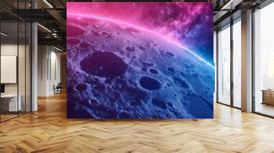 ground of a planet with a moon-like texture, glowing neon light effects Wall mural