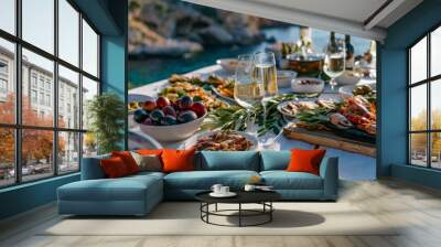 Picnic on the beach with white wine, olives and seafood. Wall mural