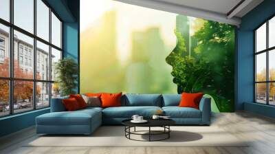 Sustainable environment concept. The image depicts human thinking towards preserving nature, reducing carbon footprint and building sustainable urban community for green future Wall mural