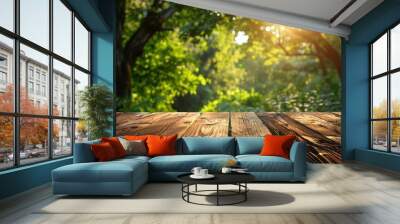 rough wooden table on a summer background Wall mural