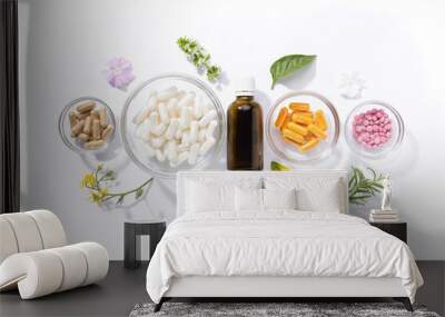 Flat lay composition of various vitamin capsules and dietary supplements isolated on white background. Vitamin complexes concept. Wall mural