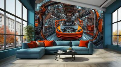 3D illustration. Electric car factory with modern facilities. Wall mural