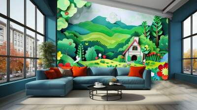 A lush spring countryside scenery, paper-cut art concept Wall mural