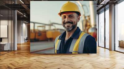 A male industrial engineer, in work clothes, working near a factory. Wall mural