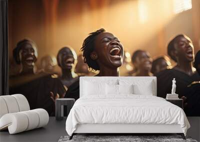 Afro american young woman singing excited in church gospel choir. Wall mural