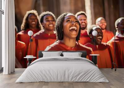 Afro american young woman singing excited in church gospel choir. Wall mural