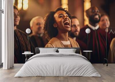 Afro american young woman singing excited in church gospel choir. Wall mural