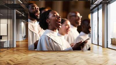 Afro american young woman singing excited in church gospel choir. Wall mural