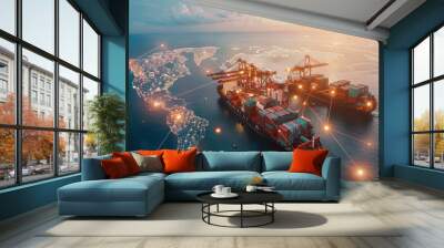 AI technology enhances global logistics for international delivery, using a world map to manage supply chains and container ship networks for export-import processes. Wall mural