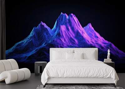 Futuristic neon purple mountain range with blue wireframe details isolated on black background Wall mural