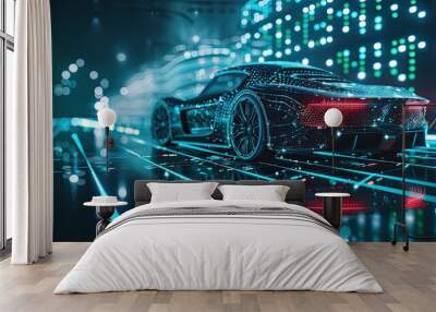 Illustration, outline of a sports car, with elegant lines, integrated into a futuristic background and digital network, dynamic green and blue lights. Wall mural