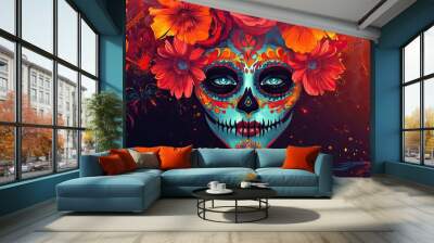 Mockup, traditional Mexican skull decorated for Dia de Muertos. Wall mural